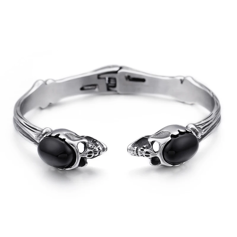 10*66mm Mens stainless steel Large Black Stone Gothic Skull bracelet