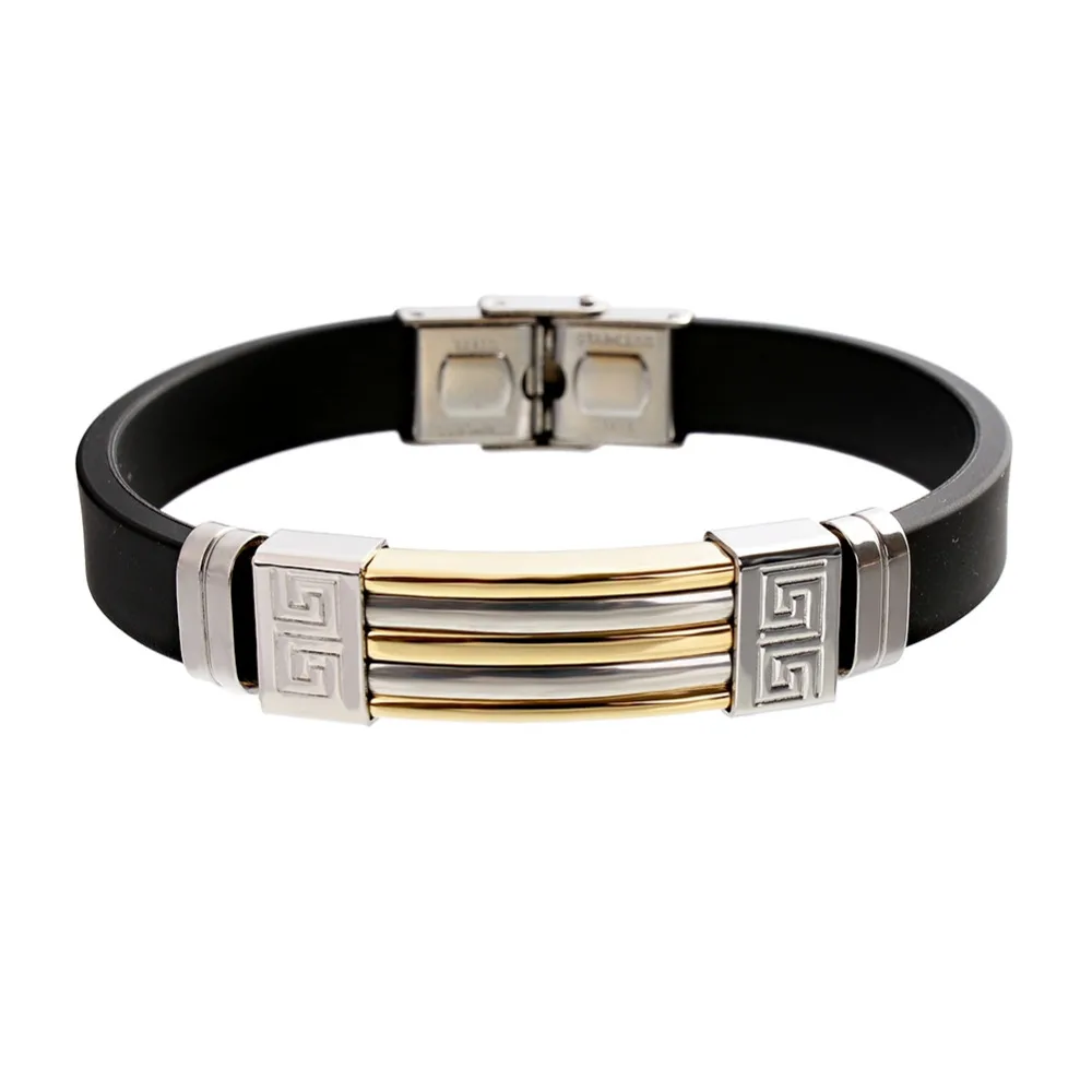 New Punk Gold Color Stainless Steel Bracelets Black Rubber Two Tone