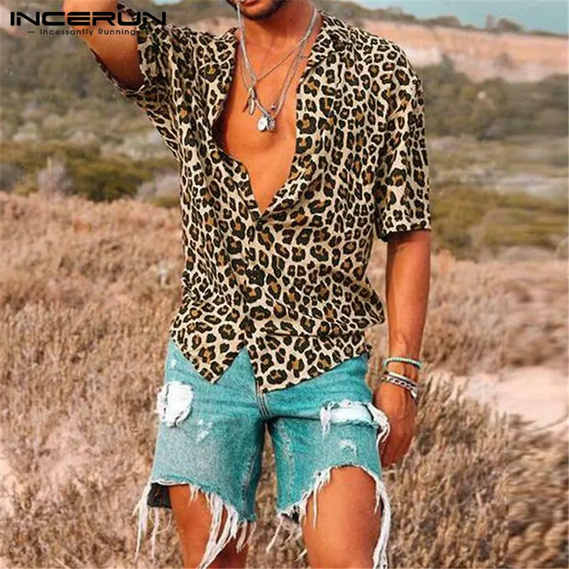 

INCERUN Stylish Leopard Print Shirt Men Lapel Neck Sexy Streetwear Short Sleeve Tops Cool Beach Shirts Men Camisa Masculina 2019