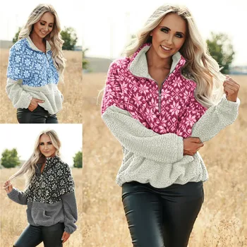 

Sherpa Pullover Women Sweater Chic Ethnic Print Pullovers 1/4 Zipper Fluffy Fleece Warm Tops Patchwork 2018 Winter Sweaters