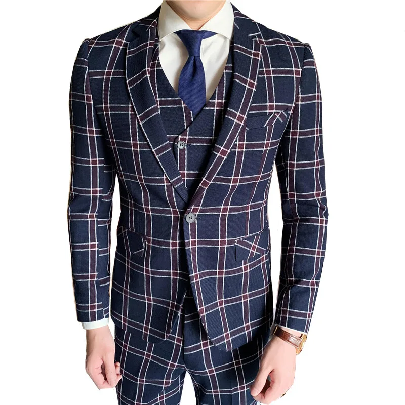 

Men's Plaid Suit Set Temperament Slim Suit Three-piece British Style High Quality Gentleman Party Dress (blazer+ vest + pants)