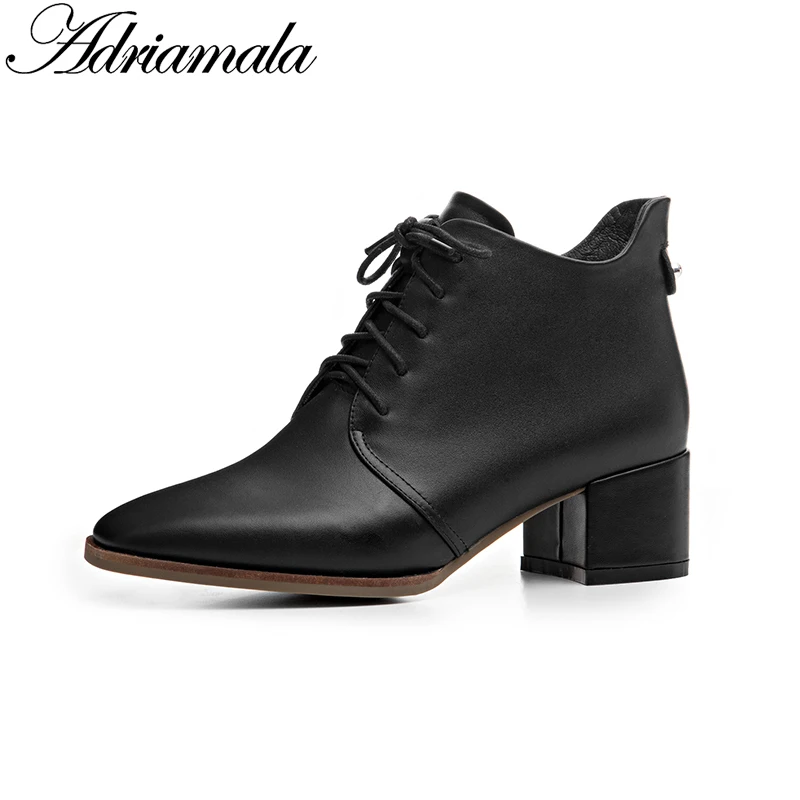 

2018 Genuine Leather Women Boots High Heel Ankle Round Toe Square Heel Cow Leather New Ankle Motorcycle Boots Women Adriamala