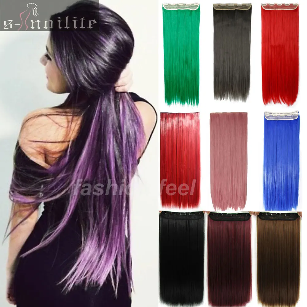 

26" 68CM Straight One Piece Clip in on Hair Extensions Black Brown Blonde Pink Purple Green Blue Cosplay Vogue Party Hair