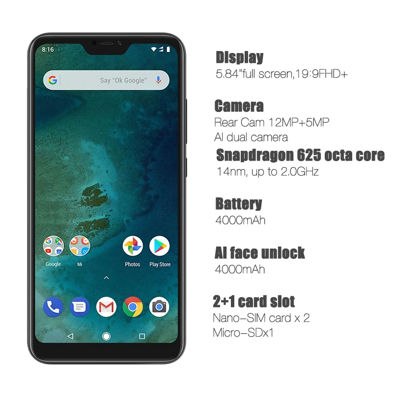 Глобальная версия Xiaomi Mi A2 Lite 4 ГБ ОЗУ 64 Гб ПЗУ 5 84 &quotполный экран Snapdragon 625 12 МП Мп