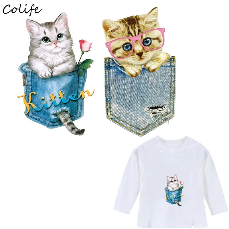 

Patches Iron On Stickers Pocket Cat Print On T-Shirt Clothes Decoration DIY Accessory New Design Washable Parches Ropa