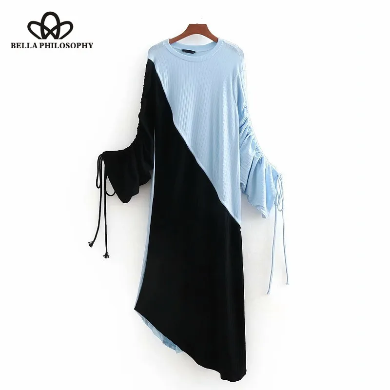 Wonder 2018 autumn elegant patchwork knitting ankle length dress ladies casual vestidos drawstring tie casual asymmetrical dress