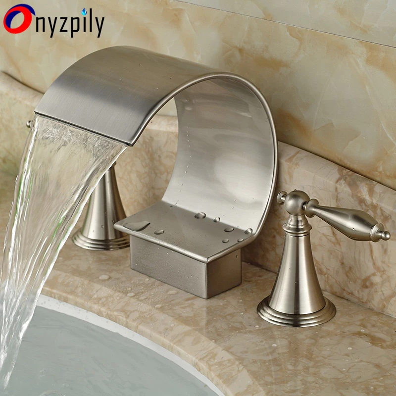 

Brushed Nickel Waterfall Bathroom Faucet Tub Spout Mixer Tap 3 Holes 2 Handles