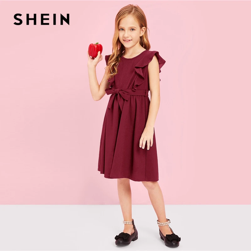 SHEIN/ г. Детские вечерние летние платья трапециевидной формы с оборками и поясом для девочек; Повседневные детские платья без рукавов; Одежда для девочек