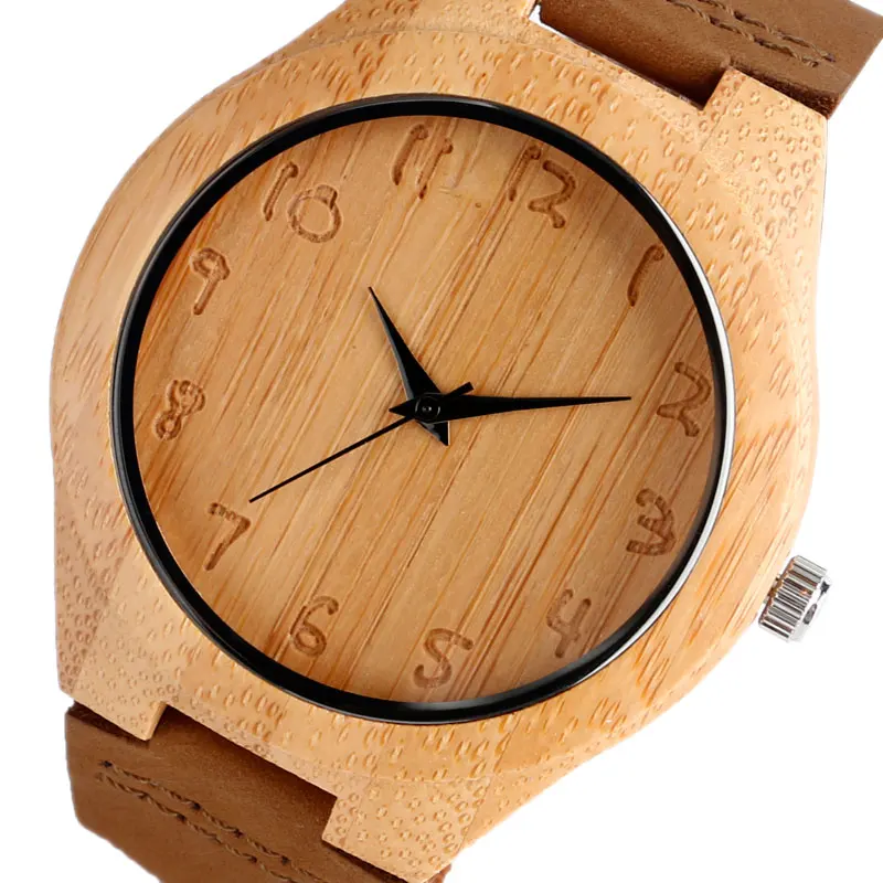 Simple Bamboo Wooden Watch Men's Handmade Engraved Arabic Numbers Novel Fashion Sport Clock Male Genuine Leather Souvenir Gifts 2018 (5)