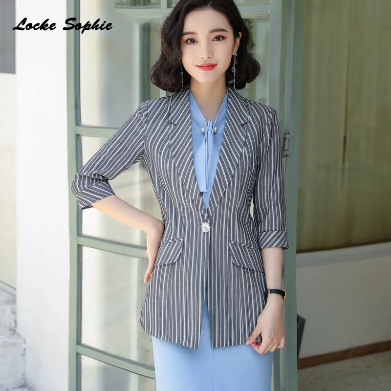 1pcs Women's Plus size Long Blazers coats 2019 Autumn Fashion cotton blend stripe Small Suits jackets ladies Skinny Blazers Suit