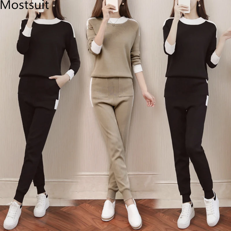 

2019 Autumn Knitted Two Piece Sets Outfits Women Long Sleeve Sweater And Pants Suits Elegant Korean Fashion 2 Piece Sets Black