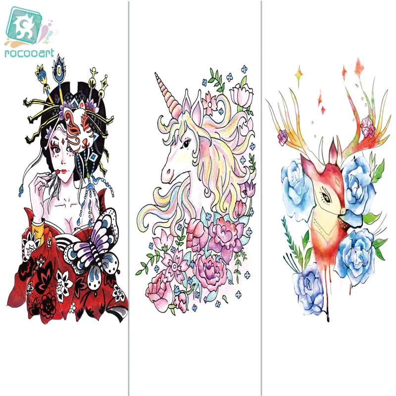 

LC-583-584 2018 New Body Art HD Tatoo Sticker Waterproof Japan Geisha Unicorn Deer Colorful Temporary Tattoo Stickers Taty