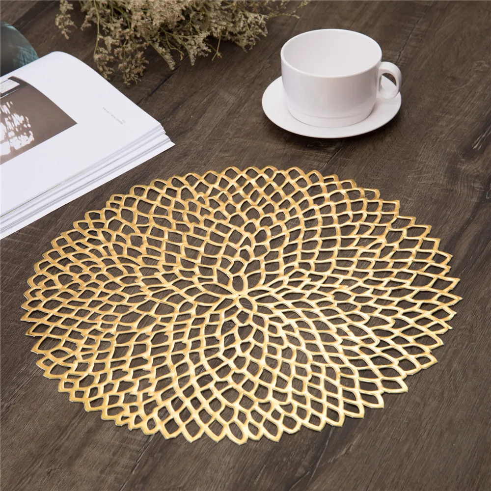 4PCS 1PCS 38cm Diameter Heat-Insulated Placemat Non-Slip PVC Dining Table Hollow Bronzing Insulation Pads Coaster Round Bowl Mat