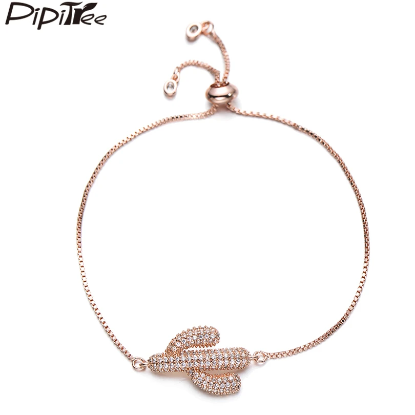 

Pipitree Luxury Full Micro Paved Cubic Zirconia Cactus Bracelet Copper Slider Chain Charm Bracelets & Bangles for Women Jewelry
