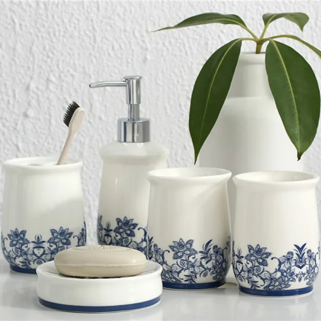 5 Pieces Bathroom Accessories Set Blue And White Porcelain 5 Pieces Bathroom Accessories Set Blue And White Porcelain Toothbrush Holder Soap Dish Dispenser Lotion Bottle