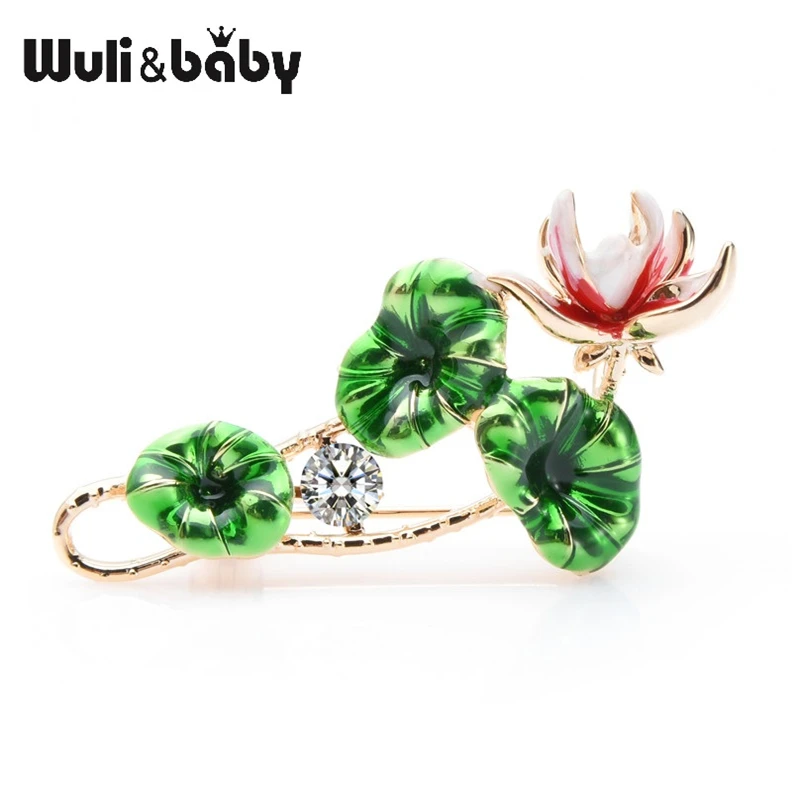 

Wuli&baby Green Leaves Red Lotus Flower Brooches Women Weddings Party Brooch Pins Gifts