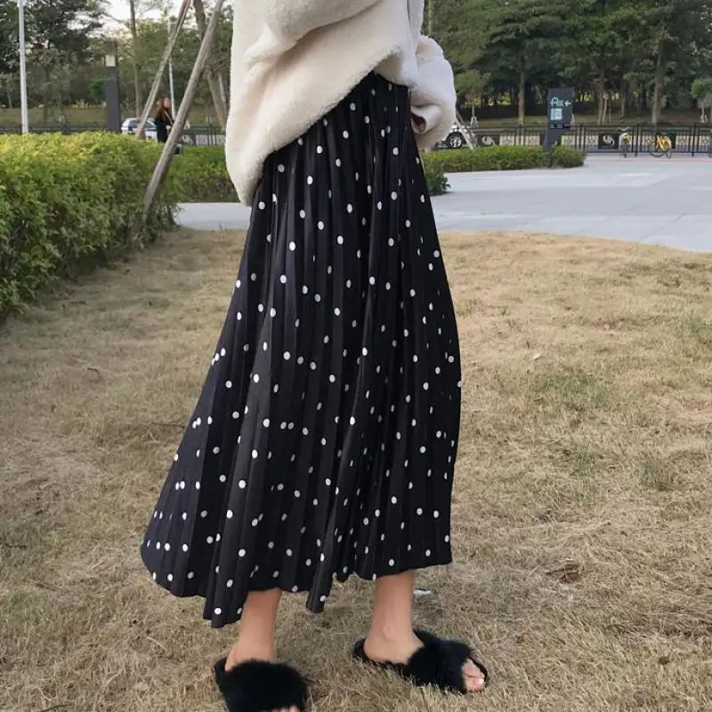 

Zuolunouba Summer Autumn Fashion Slim Retro Women A-line Skirt Print Dot Black Bottom Harajuku Female Mid-length Pleated Skirt