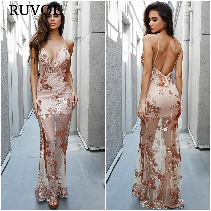 

Fashion Floral Sequined Embroidery Dress Women Backless Split Maxi Dress Deep V-neck Sexy Party Dress Casual Bohemian Dresses