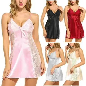 

New Sexy Nightdress Womens Lace Spliced V-Neck Backless Sleeveless short Nightdress Casual Loose Nightgown