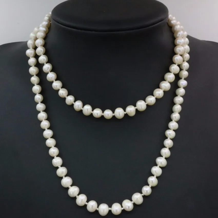 Мода 7-8 мм жемчуг натуральный жемчуг белый бисер ожерелье для женщин Длинная цепочка амулеты Изготовление ювелирных изделий высокого качества подарки 36 дюймов B3239