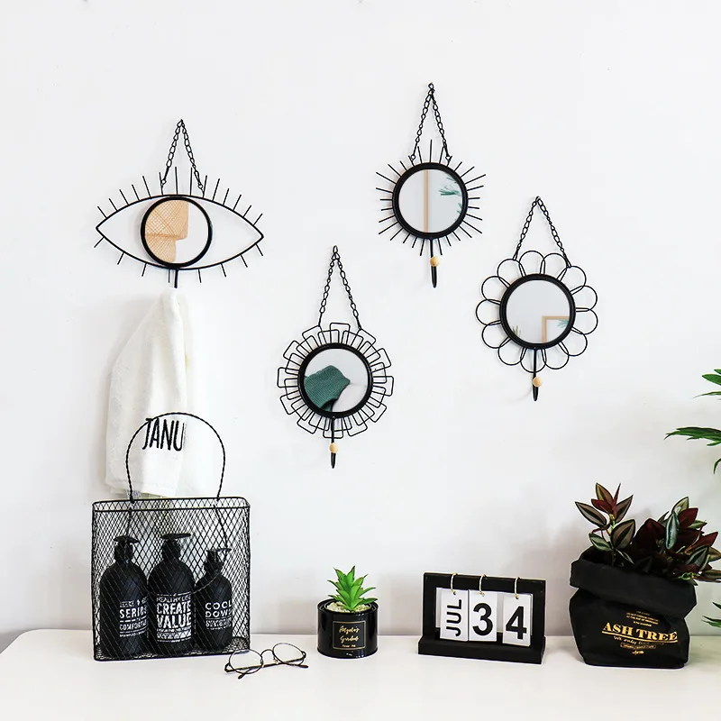 Espejo de hierro nórdico ganchos creativos multifuncional hecho a mano Metal geométrico artesanía sala de estar pared Espejos decorativos modernos