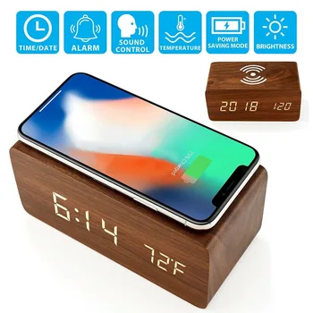 

2019 hot Modern Wooden Wood Digital LED Desk Alarm Clock Thermometer Qi Wireless Charger Home Office reloj despertador #4