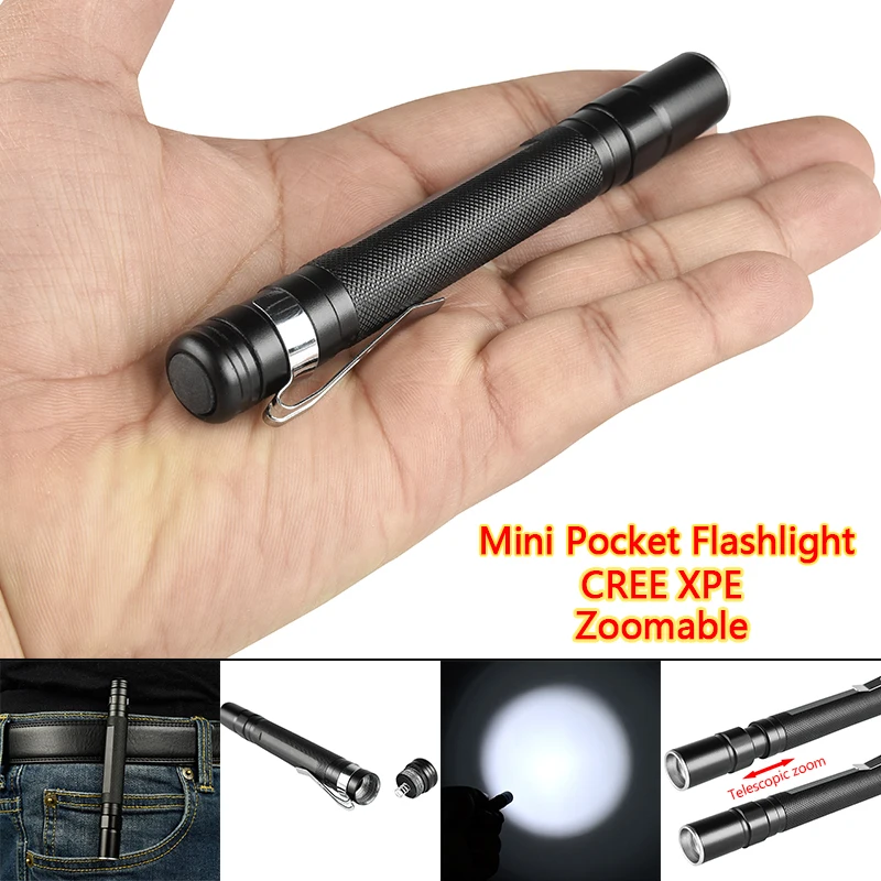 

XPE LED 500 LM Flashlight Pocket Torch Light 1 Mode Telescopic Zoomable Tail-Cap Switch With Clip (AAA Battery Power)