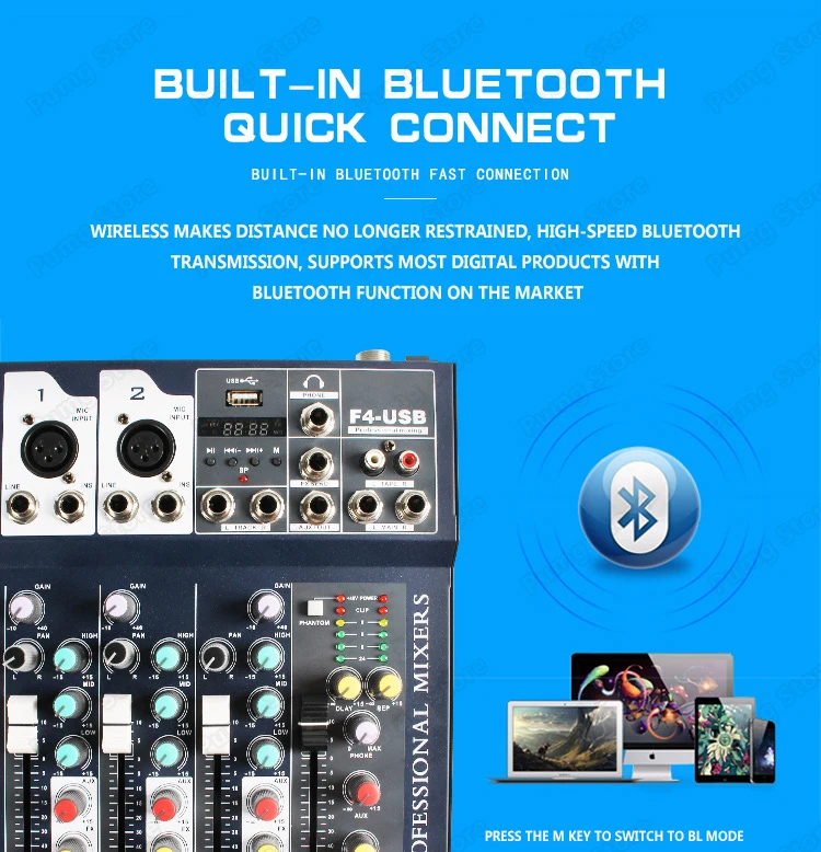 Джимми F4 Bluetooth 4 канальный цифровой микрофон DJ микшерный пульт Phantom профессиональная караоке этап аудио усилитель, работающий на основании технологии "блютус" с USB