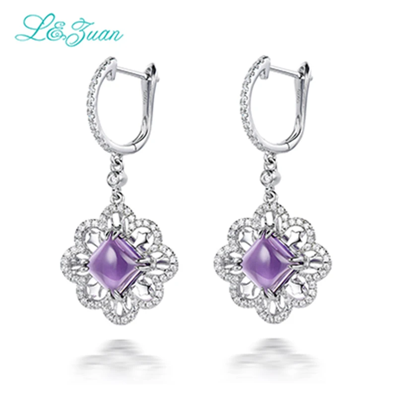 

l&zuan Amethyst S925 Silver Dorp Earrings For Woman Trendy 3.7ct Purple Pillow Natural Gemstones Flower Fine Jewelry Party Gift