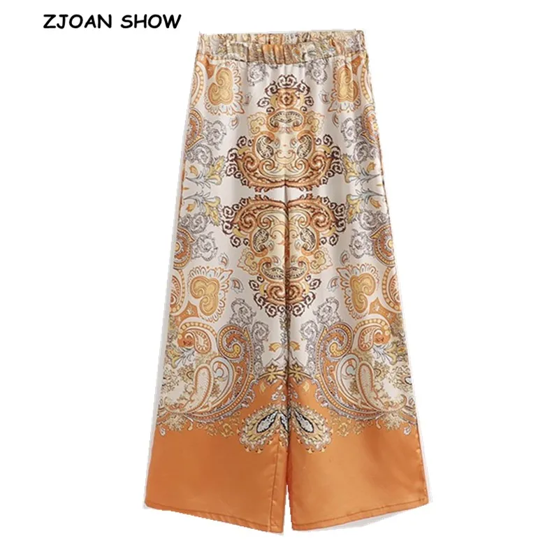 

2019 Ethnic Location Totem Floral print Wide Leg Pants Women Retro Faux Silk Ankle Length Trousers Femme Casual loose long Pants