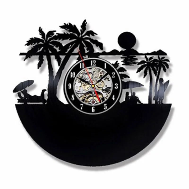 Сёрфинг винтажная Виниловая пластинка настенные часы для серфинга Лето пляжное время силуэт 3D наклейки настенные часы домашние декоративные часы - Цвет: Type 1