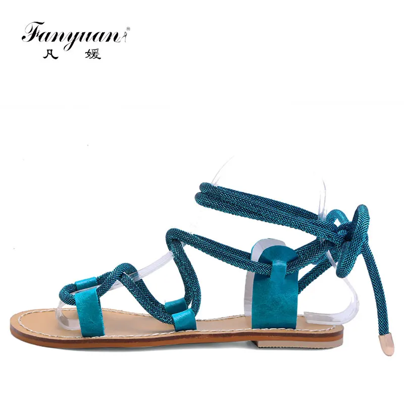 

Fanyuan Flat Sandals Women Cow Leather Lace Up Gladiator Sandals Summer Flats Shoes Woman Casual Beach Strappie Sandals Silver