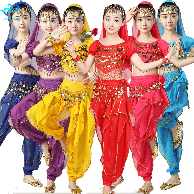 Индийские Костюмы Для Танцев Живота для девочек; Детский костюм на Хэллоуин; Детские вечерние костюмы для выступлений в цыганском египетском стиле; шифоновые комплекты из 6 предметов