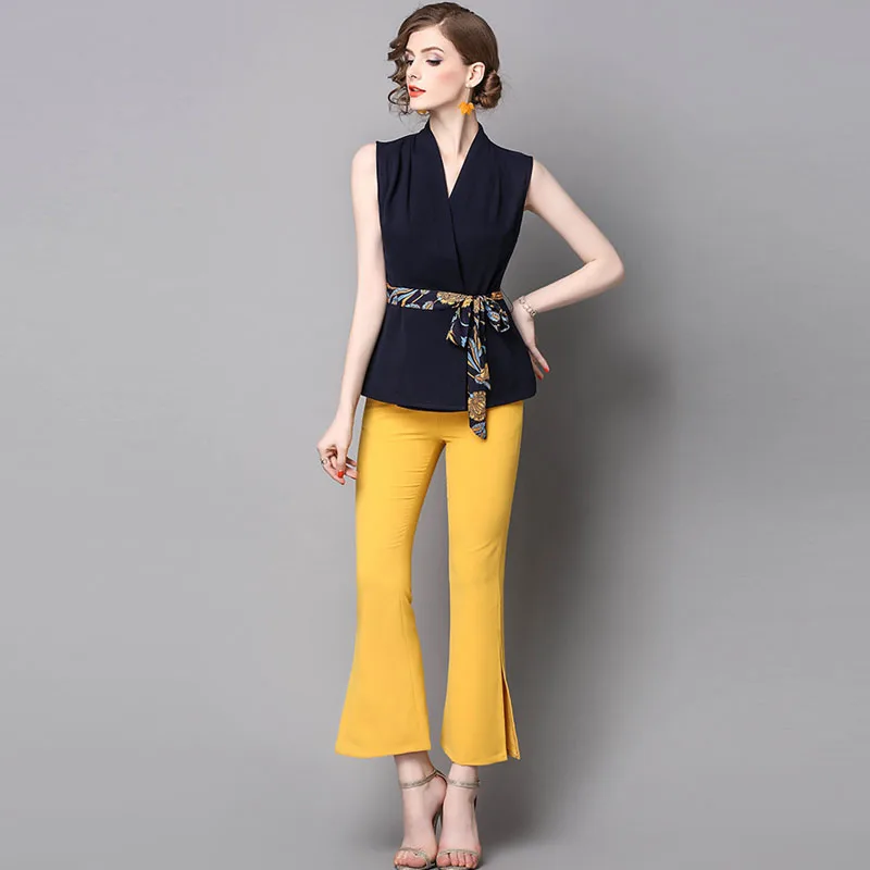 2017 Verão Runway Designer Set Moda Feminina Conjunto Duas Peças de Roupas Casuais Camisa Sem Mangas Chiffon e Incendiar Calças Conjunto Terno