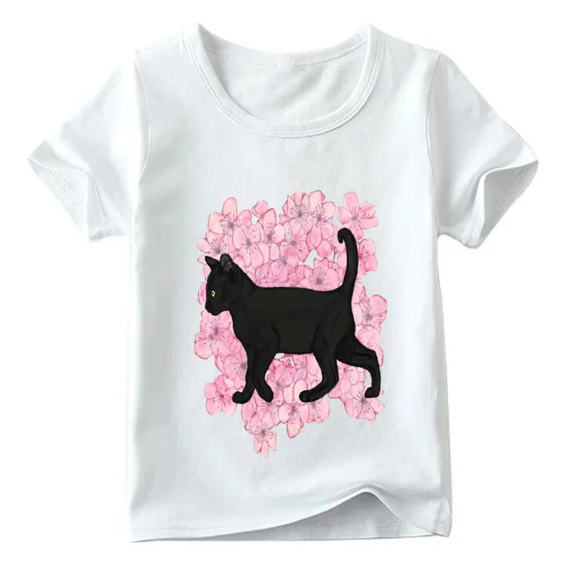 Детская забавная футболка с карманами и принтом черного кота; детские летние топы с короткими рукавами; Повседневная футболка для мальчиков и девочек; ooo