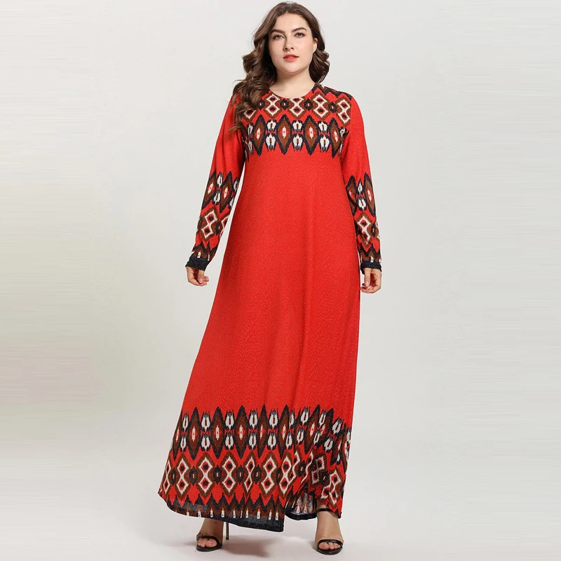 

Red Color Women Arabic Dress Plus Size Long Sleeve Geometric Print Casual Muslim Abaya Stretch Casual Maxi Long Dresses Vestidos