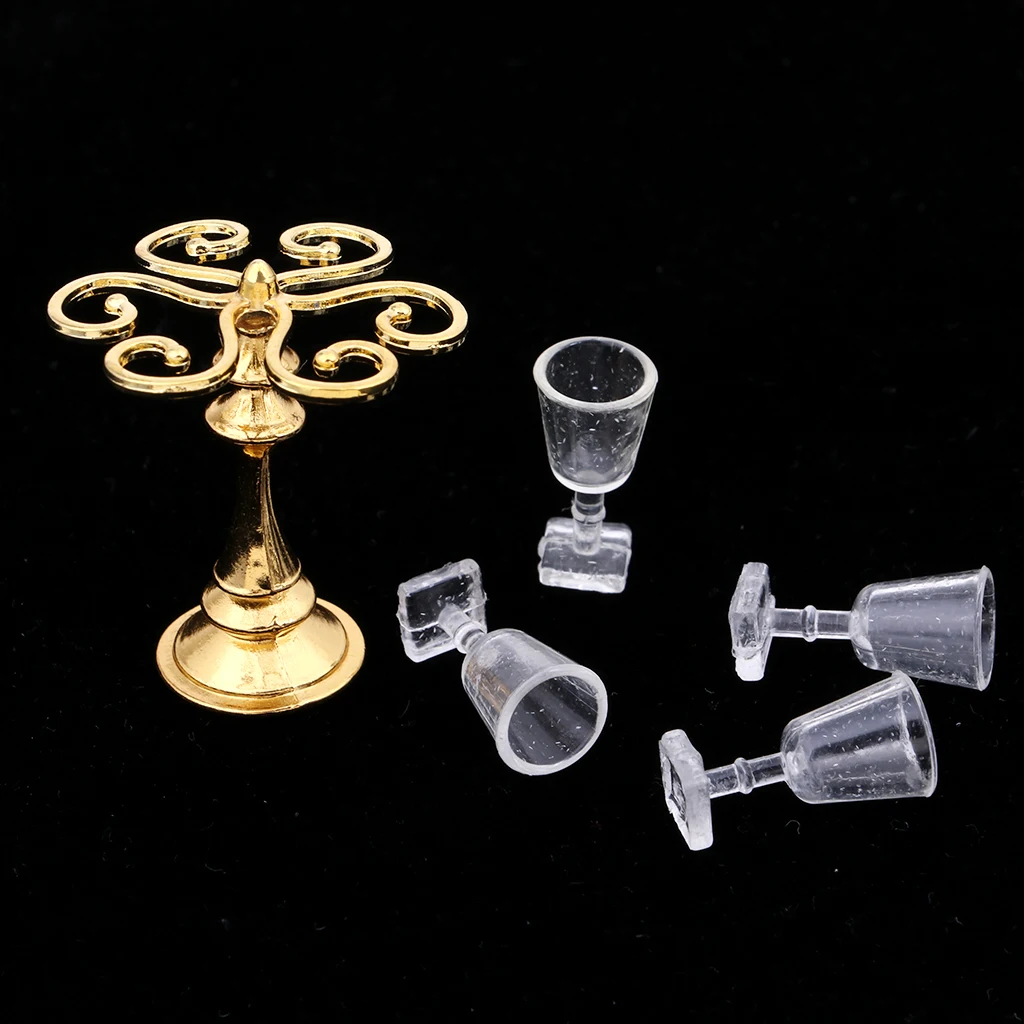 1/12 Scale Dollhouse Miniature Golden Polished Metal Goblet Rack Stand Holder Wine Cup Rack w/ 4 Wine Ggoblets Kits Decor