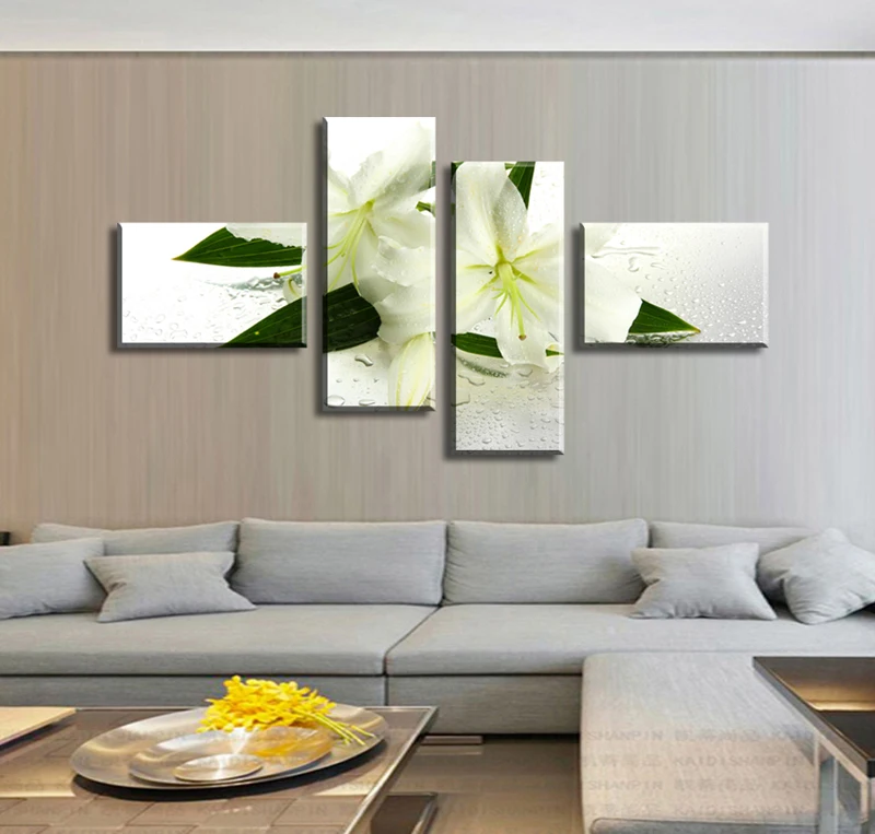 2017 Promotion Real Rectangle 4 Panels Wall Art Flowers Modern Canvas