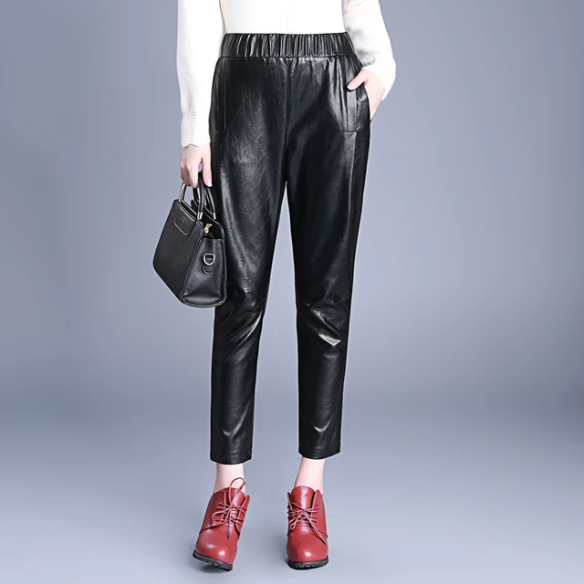 2016 New Arrival PU Leather Pants Women's Fashion Harem Pants Casual Solid Elastic Waist Leather Trousers Loose Capris