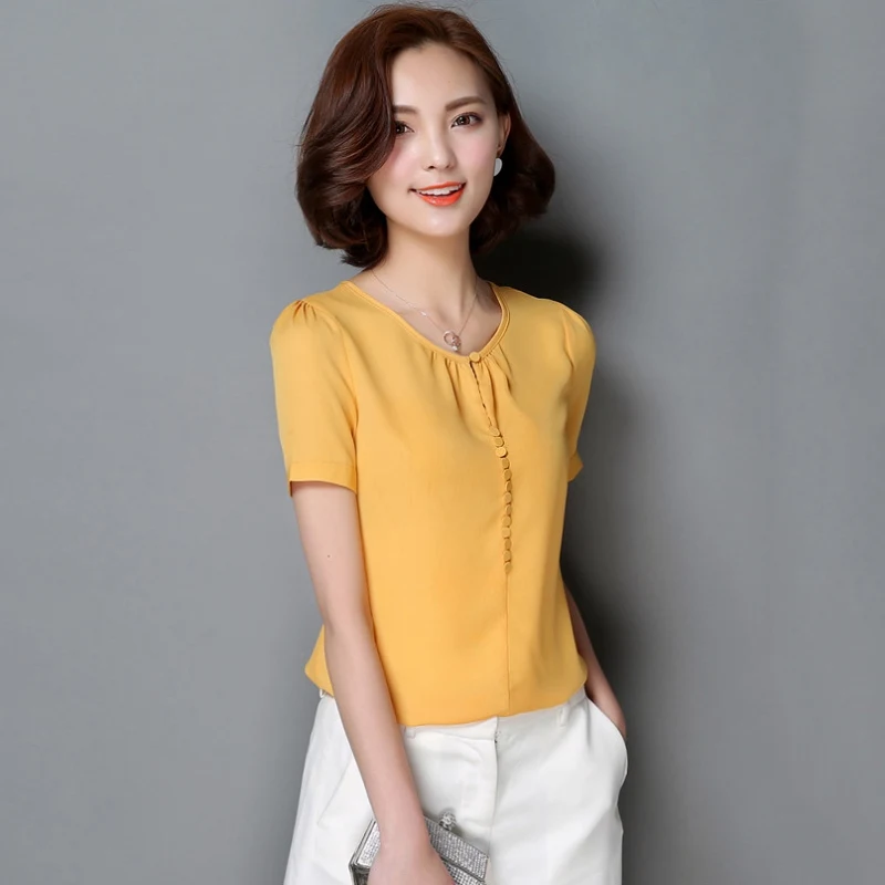 Летние топы, шифоновые Женские топы и блузки, повседневные рубашки с коротким рукавом, Элегантная блузка на пуговицах, женские белые топы, Blusa Feminina - Цвет: Цвет: желтый