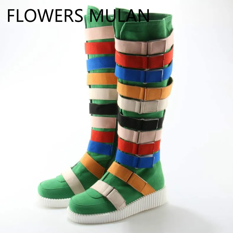 

2019Fashion Luxury Brand Rainbow Color Long Boots Buckles Decor Side Zipper Shoes Mixed Colors Knee High Hot Winter Runway Boots