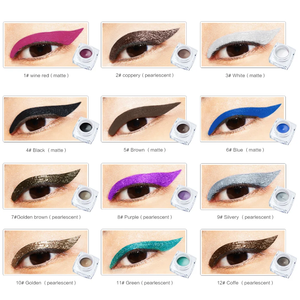 

Eyes Makeup Eyeliner Gel Women Make up Waterproof Glitter Eye Liner Cream Smooth Matte & Shimmer Eyeliners Gels 12 Colors Option