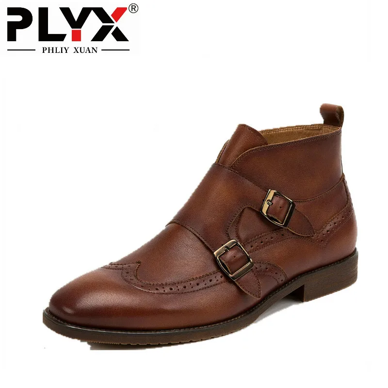 

PHLIY XUAN New 2018 Fashion Winter Men Boot Genuine Leather Martin Boots 100% Handmade Cowhide Pointed Toe Drees Ankle Boots