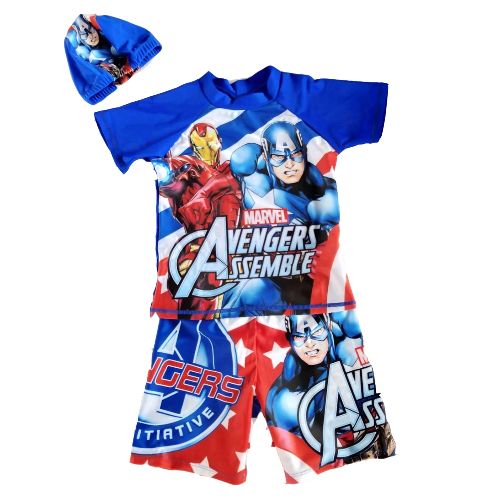 Рубашка с короткими рукавами для маленьких мальчиков 2 предмета, шорты купальные шорты, комплект с короткими рукавами, шапочка для плавания с рисунками, милая одежда для плавания - Цвет: Iron Man and Captain
