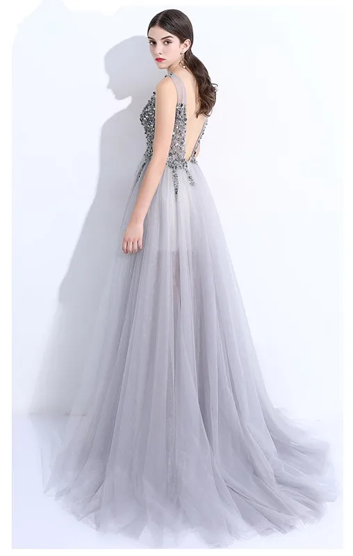 Silver Evening Dresses 2019 A-line V-neck Tulle Pearls Crystals Backless Luxurious Long Evening Gown Prom Dresses Robe De Soiree Silver Evening Dresses 2019 A-line V-neck Tulle Pearls Crystals Backless Luxurious Long Evening Gown Prom Dresses Robe De Soiree