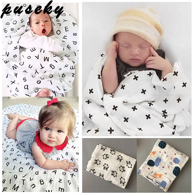 

Puseky Cotton Muslin Blankets Bedding Infant Swaddle Letter Cartoon Print Towel Envelopes For Newborn Swaddle Blanket 120*120cm