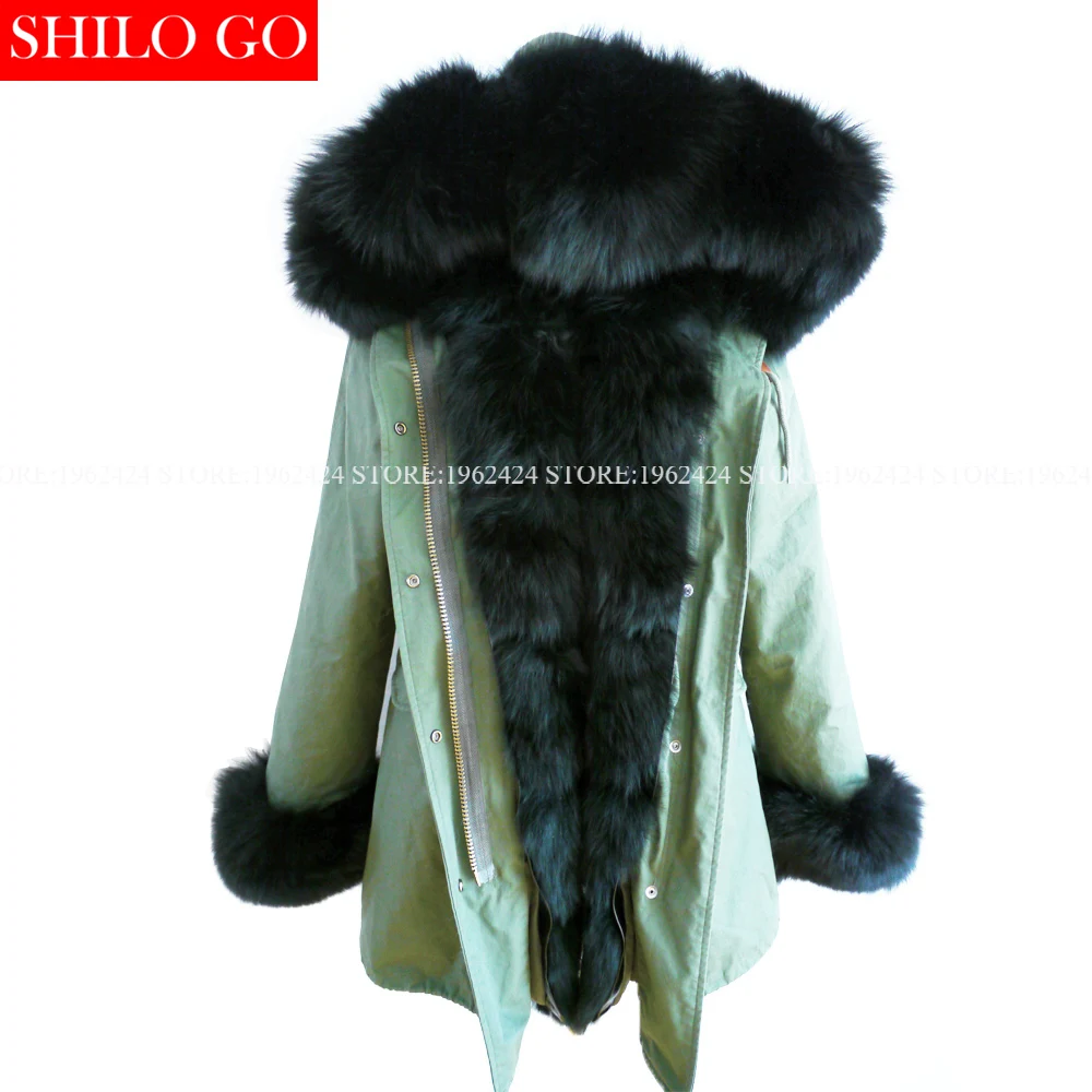 

Plus size new winter army green jacket women outwear thick parkas natural real fox fur collar black rabbit coat hooded pelliccia