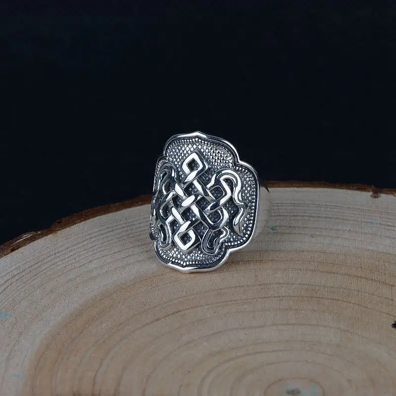 Гарантированное 925 пробы, Серебряные широкие кольца, выгравированные на счастье узлы, переключающиеся на удачу, изменяемые размеры, кольца для мужчин, ювелирные изделия, кольцо