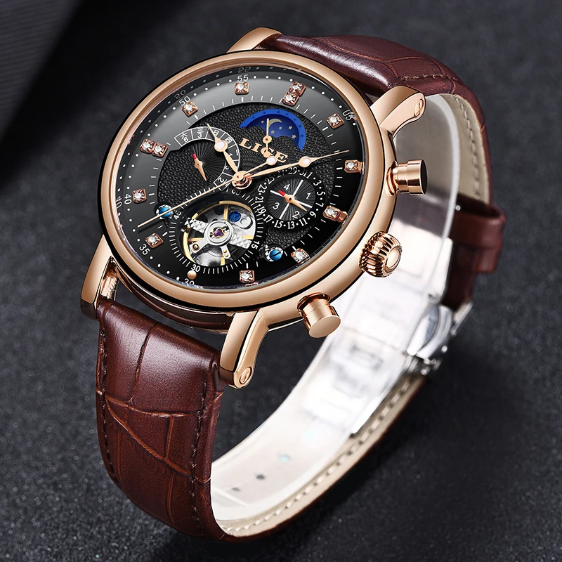 LIGE Брендовые мужские часы автоматические механические Tourbillon спортивные кожаные