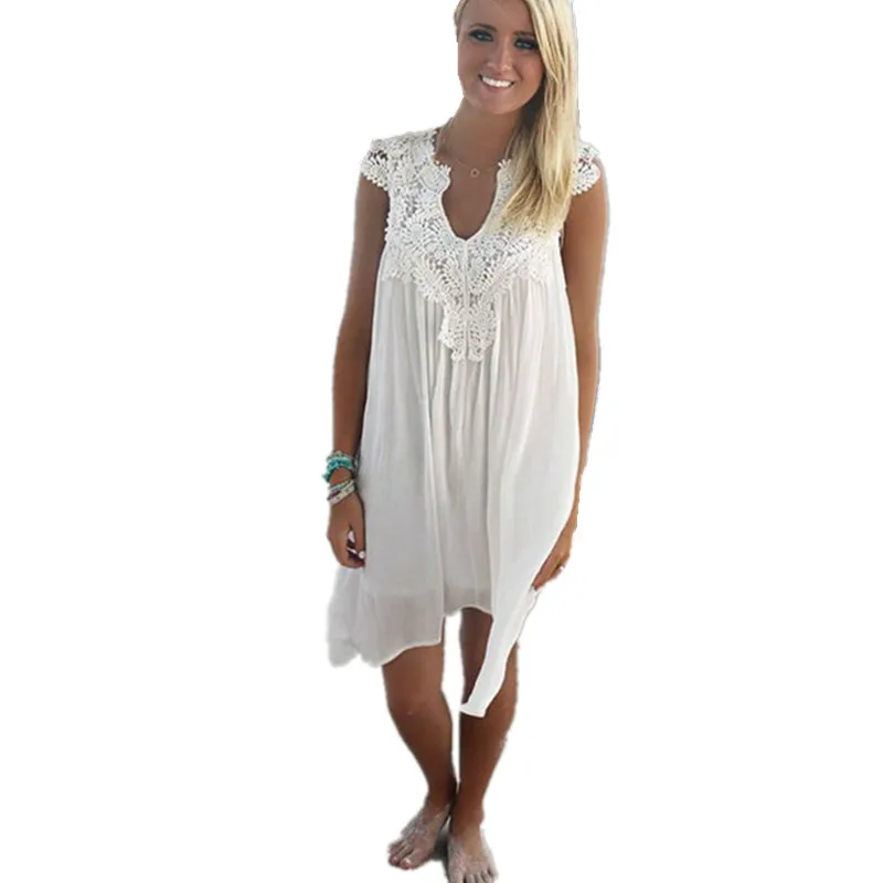 

0ufisun Summer Sexy V-neck Lace Stitching Women Dress 2018 New Hollow Out Sleeveless Dresses Casual Solid Loose Beach Mini Dress